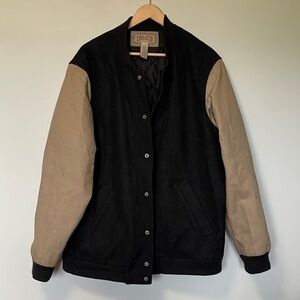 Duluth Trading Co Black Wool and Tan Canvas Workwear Sleeves Varsity Jacket